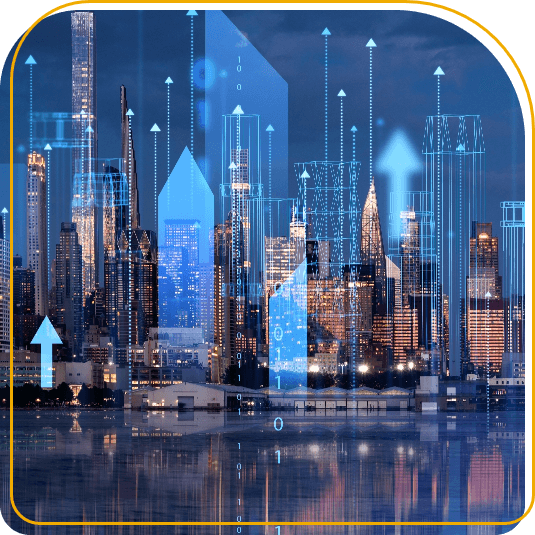 city skyline with abstract technological overlay